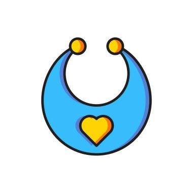 Beyaz arkaplanda izole edilmiş renkli bebek önlüğü simgesi. Düz çizgili, gölgeli. Vektör.