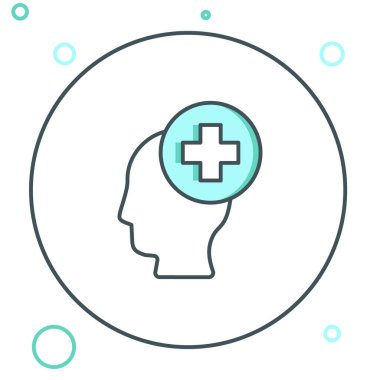 Beyaz arka planda hastane ikonu olan çizgi erkek kafası. Akıl sağlığı, sağlık ve sağlık sigortası olan bir kafa. Renkli taslak konsepti. Vektör.