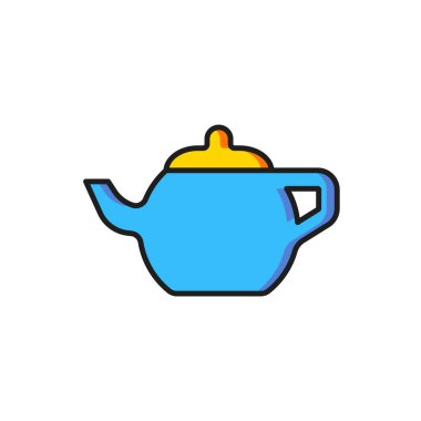 Geleneksel Çin çay töreni ikonu beyaz arka planda izole edilmiş. Fincanlı çaydanlık. Düz çizgili, gölgeli. Vektör.