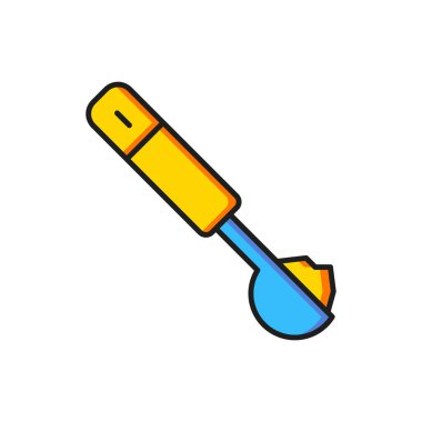 Beyaz arkaplanda izole edilmiş renkli kaşık simgesi. Düz çizgili, gölgeli. Vektör.