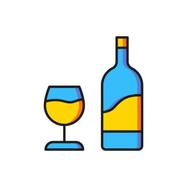 Beyaz arka planda izole edilmiş cam ikonlu renkli şarap şişesi. Düz çizgili, gölgeli. Vektör.
