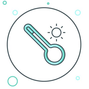 Meteoroloji çizgisi termometresi beyaz zemin üzerinde izole edilmiş ısı ve soğuk ikonu ölçüyor. Termometre termometresi sıcak ya da soğuk hava gösteriyor. Renkli taslak konsepti. Vektör.