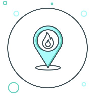 Beyaz zemin üzerinde ateş alev ikonu olan çizgi haritası işaretçisi. Yakında yangın var. Renkli taslak konsepti. Vektör.