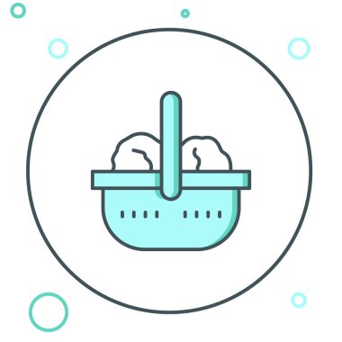 Hat alışveriş sepeti ve yiyecek ikonu beyaz arka planda izole edilmiş. Yiyecek dükkanı, süpermarket. Renkli taslak konsepti. Vektör.