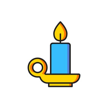 Beyaz arkaplanda izole edilmiş şamdan simgesindeki renk yakan mum. Silindirik mum çubuğu ve yanan ateş. Düz çizgili, gölgeli. Vektör.