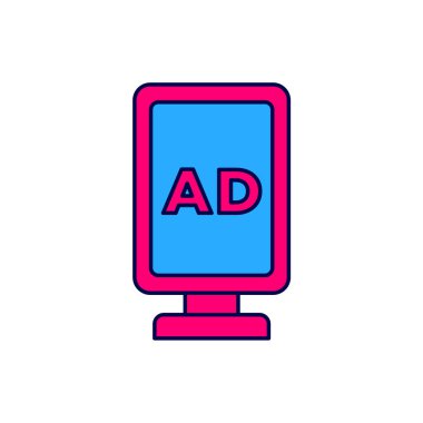 Doldurulmuş ana hat reklam simgesi beyaz arkaplanda izole edildi. Pazarlama ve tanıtım süreci kavramı. İlgili reklamlar. Sosyal medya reklamcılığı. Vektör.