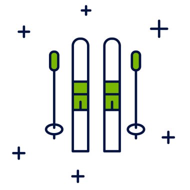 Kayak ve çubuk simgesi beyaz arkaplanda izole edildi. Olağanüstü bir spor. Kayak ekipmanları. Kış sporları ikonu. Vektör.