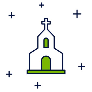Beyaz arka planda izole edilmiş ana hatlı kilise binası ikonu. Hıristiyan Kilisesi. Kilisenin dini. Vektör.
