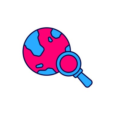 Beyaz arka planda izole edilmiş dünya ikonu içeren ana hatlı büyüteç. Dünyayı analiz ediyorum. Küresel arama işareti. Vektör.