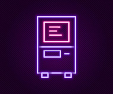 Parlak neon hattı ATM - Otomatik veznedar makine simgesi siyah arkaplanda izole edildi. Renkli taslak konsepti. Vektör.