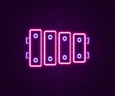 Parlayan neon hattı ksilofon - 13 tahta çubuklu müzik aleti ve siyah arka planda izole edilmiş iki perküsyon tokmağı ikonu. Renkli taslak konsepti. Vektör.