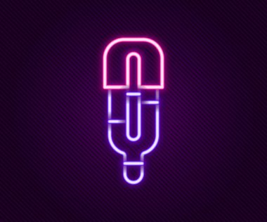 Tıbbi inceleme ikonu için parıldayan neon hattı medikal termometre siyah arka planda izole edildi. Renkli taslak konsepti. Vektör.