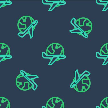 Uçan uçak ikonuna sahip Line Globe mavi arka planda izole edilmiş pürüzsüz desen. Uçak Dünya 'nın etrafında uçuyor. Uçak dünyası ikonu. Vektör.