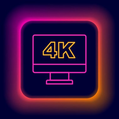 Siyah arkaplanda 4k Ultra HD video teknolojisi ikonu bulunan parlak neon hattı ekran televizyon. Renkli taslak konsepti. Vektör.