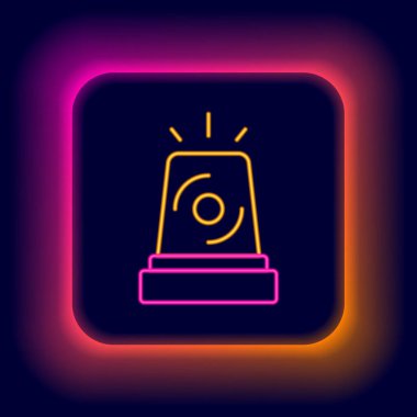 Parlayan neon hattı, siyah arkaplanda izole edilmiş bir siren ikonu. Acil durum sireni. Renkli taslak konsepti. Vektör.