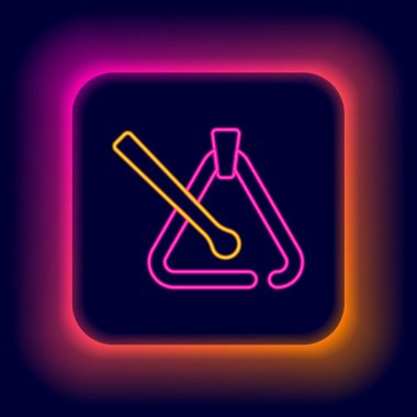Parlayan neon hattı üçgen müzik aleti simgesi siyah arkaplanda izole edildi. Renkli taslak konsepti. Vektör.