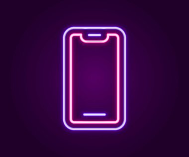 Parlayan neon hattı Smartphone, siyah arkaplanda izole edilmiş cep telefonu simgesi. Renkli taslak konsepti. Vektör.