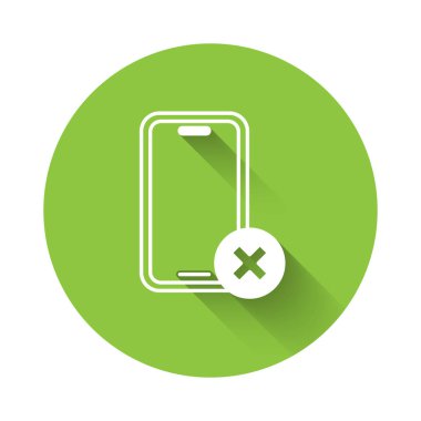 Beyaz. Cep telefonu simgesi yok. Uzun gölgeli. Konuşmak ve işaret vermek yok. Hücre yasağı. Yeşil daire düğmesi. Vektör.