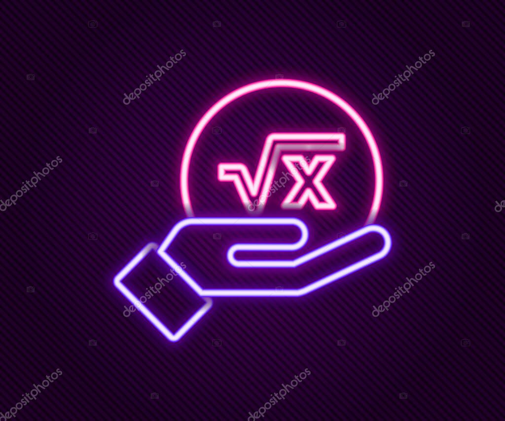 Glowing neon line Square root of x glyph icon isolated on black background. Mathematical expression. Colorful outline concept. Vector.