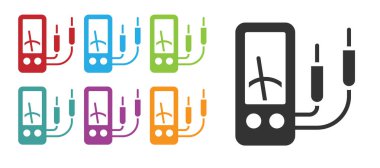 Black Ampere meter, multimeter, voltmeter icon isolated on white background. Instruments for measurement of electric current. Set icons colorful. Vector.