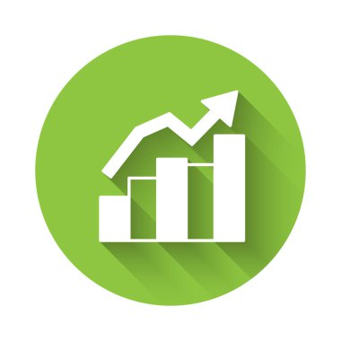 Beyaz Finansal büyüme ikonu uzun gölgeli arka planda izole edildi. Gelirleri arttırıyorum. Yeşil daire düğmesi. Vektör.