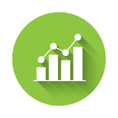 Beyaz Pasta grafiği bilgi simgesi uzun gölge arkaplanı ile izole edildi. Diyagram çizelgesi. Yeşil daire düğmesi. Vektör.