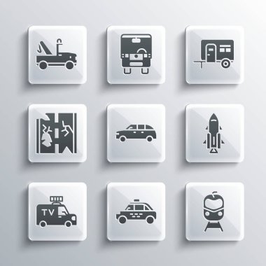 Taxi Train ve Roket gemisini Hatchback TV Haberleri Kırık Yol Çekici ve Rv Kamp ikonu ile ayarlayın. Vektör.