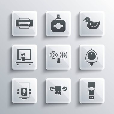 Tuvalet kağıdı rulo tuvalet kağıdı tüpünü diş macunu pisuarı ya da işeme suyu kazanından çamaşır leğeni aynası jileti jileti ve plastik ördek ikonu olarak ayarla. Vektör.