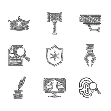 Polis rozet pullarını, parmak izi dolma kalem ucu tüyü ve mürekkep kâğıdı analizini, güvenlik kamerasını ve şapkayı kokkade ikonu ile büyülterek ayarla. Vektör.