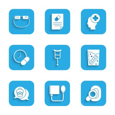 Koltuk değneklerini ya da koltuk değneklerini ayarla. Tansiyon aletleri, sahte çene camları. Büyükanne ilaç tableti, hastane ve gözlüklü erkek kafası. Vektör.