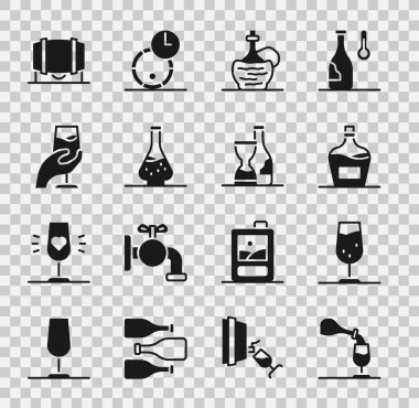 Şarap tadım bardağını ayarla. Tahta fıçı ve şişe ikonu için eski bir şişe İtalyan şarabı fiyaskosu. Vektör.