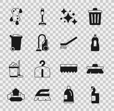 Bulaşık deterjanı, temizlik servisi elektrikli süpürge çöp tenekesi süngeri ve ikonu için fırça ayarlayın. Vektör.