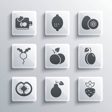 Armut şalgam meyveli mango turplu turp dilimleme tahtası sebzeli ve kivi ikonlu. Vektör.