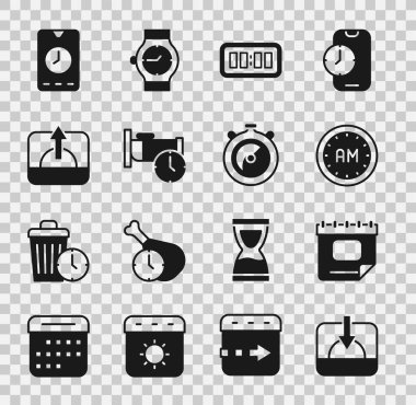 Sunset Takvim Sabah Dijital Alarm Saati 'ni, Sunrise Alarm uygulaması mobil ve Stopwatch simgesini uyumak için ayarla. Vektör.