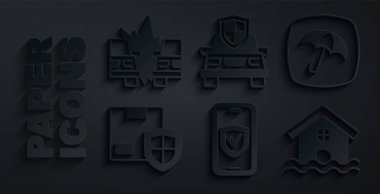 Şemsiye Teslimat Güvenliğini, SHIELD Sel Evi sigortası ve kaza ikonu ile çevrimiçi olarak ayarla. Vektör.