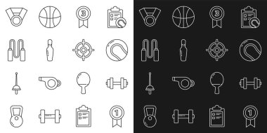 Medal Dumbbell Beyzbol topu bovling pimi ip atlama ve hedef spor ikonu. Vektör.