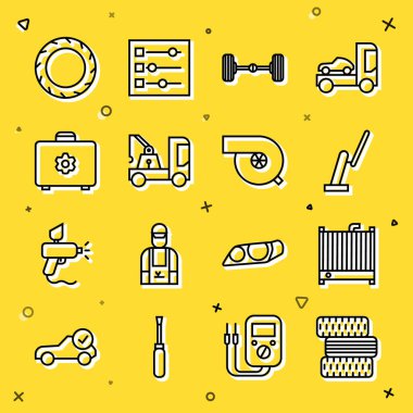 Otomobil tekerleği radyatör soğutma sistemini, ön ekran Chassis araba çekici araç kutusunu ve otomotiv turbo şarj ikonunu ayarla. Vektör.