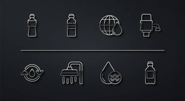 Bir şişe su geri dönüşüm hattı temiz su mekanik pompası duş başlığı ve Dünya gezegeni için damla ikonu. Vektör.