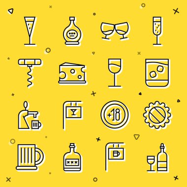 Cam şişe kapaklı şarap şişesi. Bir bardak viski konyağı ya da konyak. Tirbuşon şampanya ve ikon. Vektör.