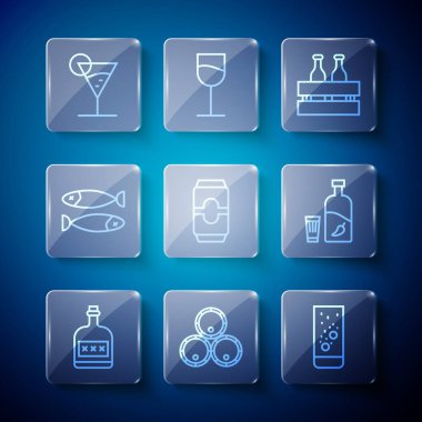 Rom şişesi tahtadan fıçılar Effervescent tabletleri bira şişeleri bira şişeleri bira kutusu kurutulmuş balık martini bardağı ve biber ve ikonlu votka. Vektör.