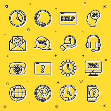 Hat Mobil telefonunu soru Bilgisayar monitörü ve SSS Kulaklıklı Tarayıcı ile ayarla Konuşma baloncuğu Zarfı 'nın Zaman Yönetimi ve Bilgi simgesini ayarlamasına yardım et. Vektör.