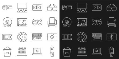 USB flaş bellek satırını ayarla Eski film gerisayımı çerçevesi Cinema koltuk VHS video kaset Online CD veya DVD disk kamera ve Komedi ve Trajedi Maskeleri simgesi. Vektör.