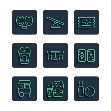 Fast Street yemek arabası, kutu içinde patlamış mısır ve sandalye, trajedi maskeleri ve Tarot kartları ikonu olan cam bowling topu piknik masası. Vektör.