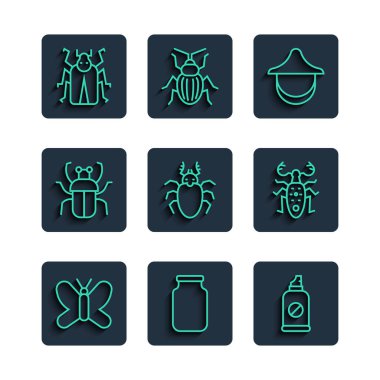 Hat Kelebek Cam Spreyi Böcek Arıcı şapkası, Böcek Geyiği Kokuşmuş böcek ve ikona karşı ayarla. Vektör.