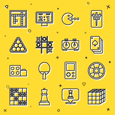 Çizgiyi Rubik küp Kumarhane çipi Pacman 'a Tic tac toe oyunu bilardo topu üçgeni Bingo ve Time satranç saati ikonu yedir. Vektör.