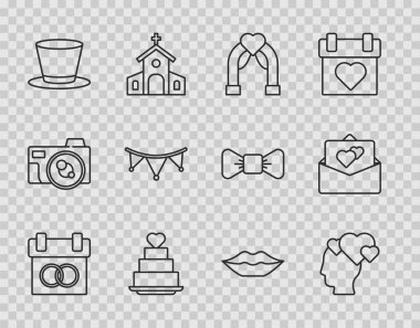 Calendar Head 'e kalp şeklinde düğün pastası silindirli şapka, karnaval çelengi, gülen dudaklar ve tebrik kartı ikonu koyun. Vektör.