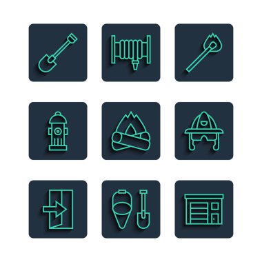 Yangın çıkışı küreği ve kova yangın söndürme musluğu ve itfaiyeci miğferi ikonu ile yangın söndürme kibriti yakma kibriti hazırlayın. Vektör.