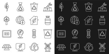 Rüzgar türbini geri dönüşüm hattını Propan gaz tankı Global enerji gezegeni Yaprak ya da Yapraklar ve Çevre dostu ev ikonu ile ayarla. Vektör.