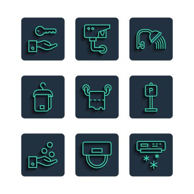 Hattı ayarla Belboy şapkası klima duş başlığı tuvalet kağıdı rulo Havlu askı otel kapı kilidi anahtarı ve park ikonu. Vektör.