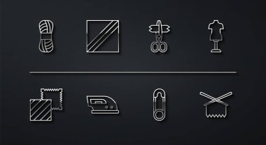 İplik Tekstil kumaş rulo manken emniyet pimi elektrikli demir örgü iğneleri ve makas ikonu ayarla. Vektör.